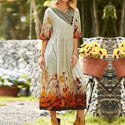 Fragarn florale Maxi rochie, femei Buton decorare V gât rochie doamnelor Patchwork rochie florale imprimare maneca scurta rochie