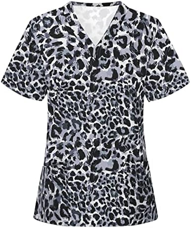 Bluze pentru femei pentru lucru Casual Leopard Print mânecă scurtă V gât buzunar confortabil confortabil zilnic de bază Tricouri