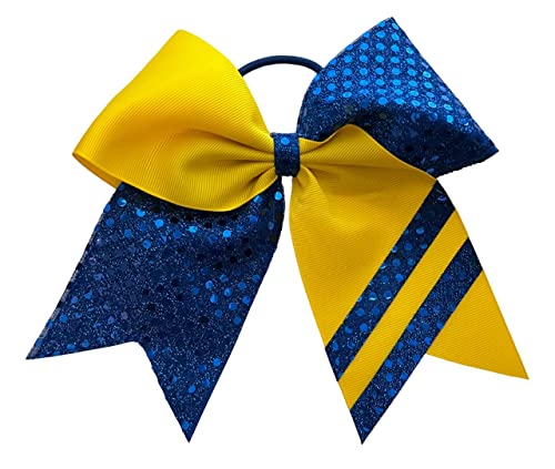 Nou CONFETTI STRIPES Royal Blue Yellow Gold Cheer Bow Pony Tail 7 Inch fete păr arcuri Cheerleading dans practică jocuri de